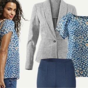 Cabi blouse floral with buttons and “wrap” back with opening.